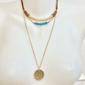 Turquoise brown leather coin choker necklace new